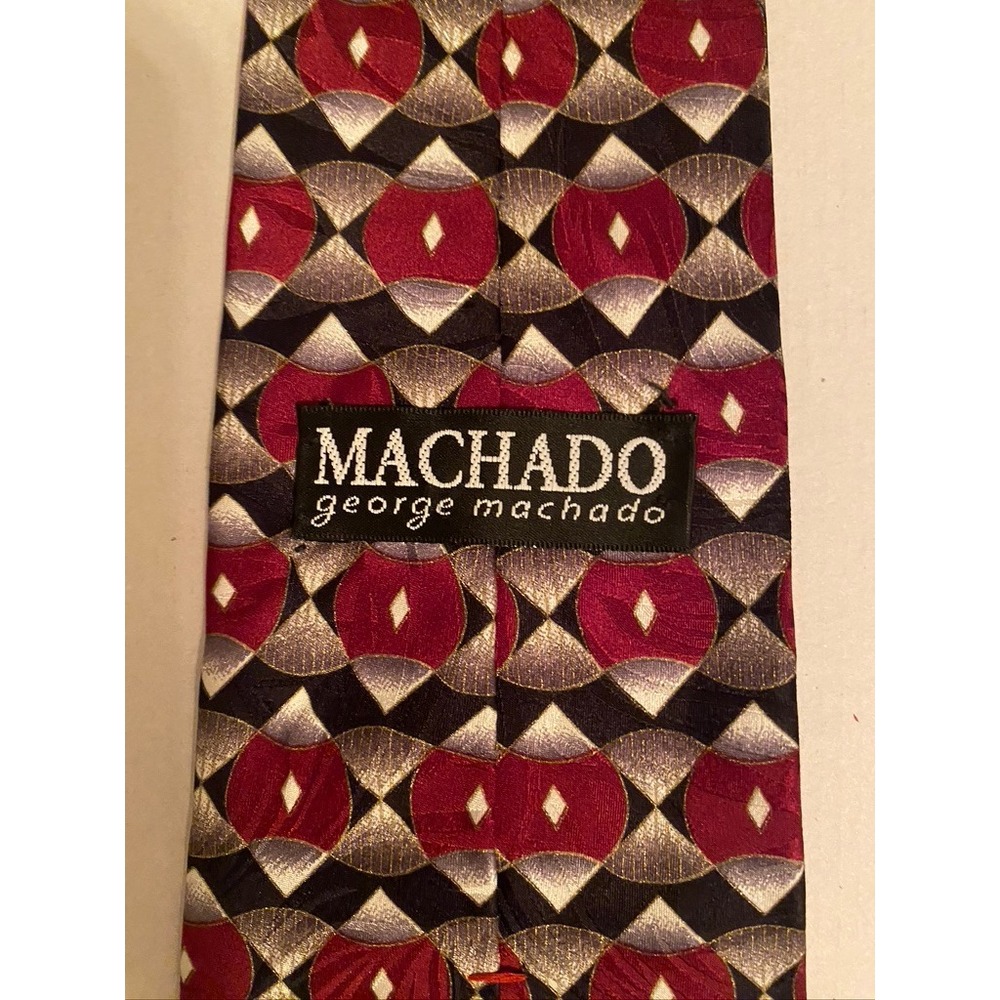 George Machado Mens Silk Tie Burgundy Silver Geometric Extra Long Made in USA